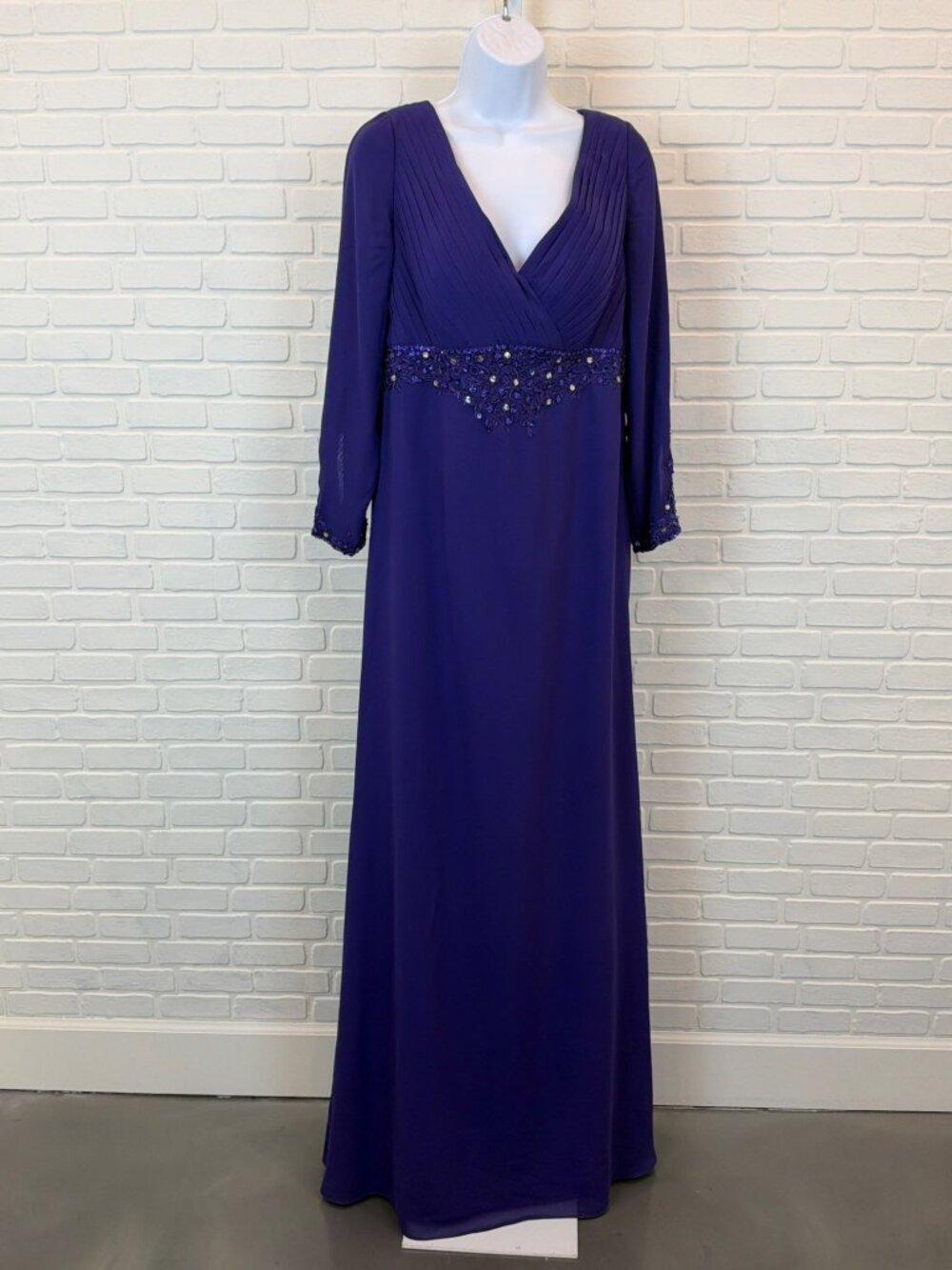 JJ's House Long Chiffon Gown Beaded Waist Pleated Bodice Purple 14